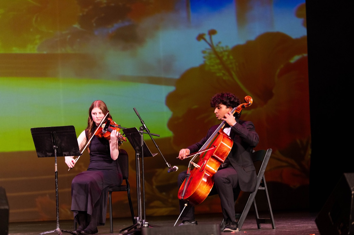 A violinist and cellist perform together