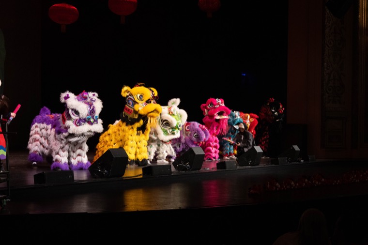 Colorful lion dancers line the New Year stage